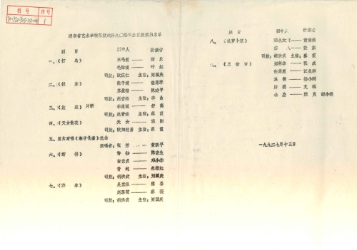 1992年7月花鼓戏科九〇届学生汇报演出名单